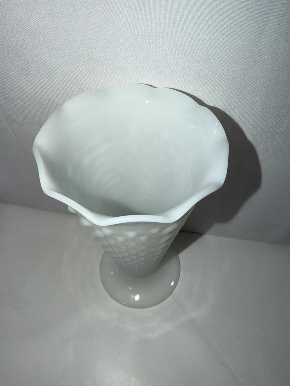 Vintage Anchor Hocking Milk Glass Hobnail Trumpet Vase 9.25